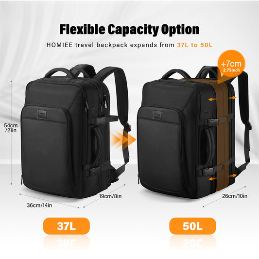 HOMIEE Carry On Luggage 22x14x9 Airline Approved 50L Travel Backpack, Extra Large Expandable Laptop Backpack, Black