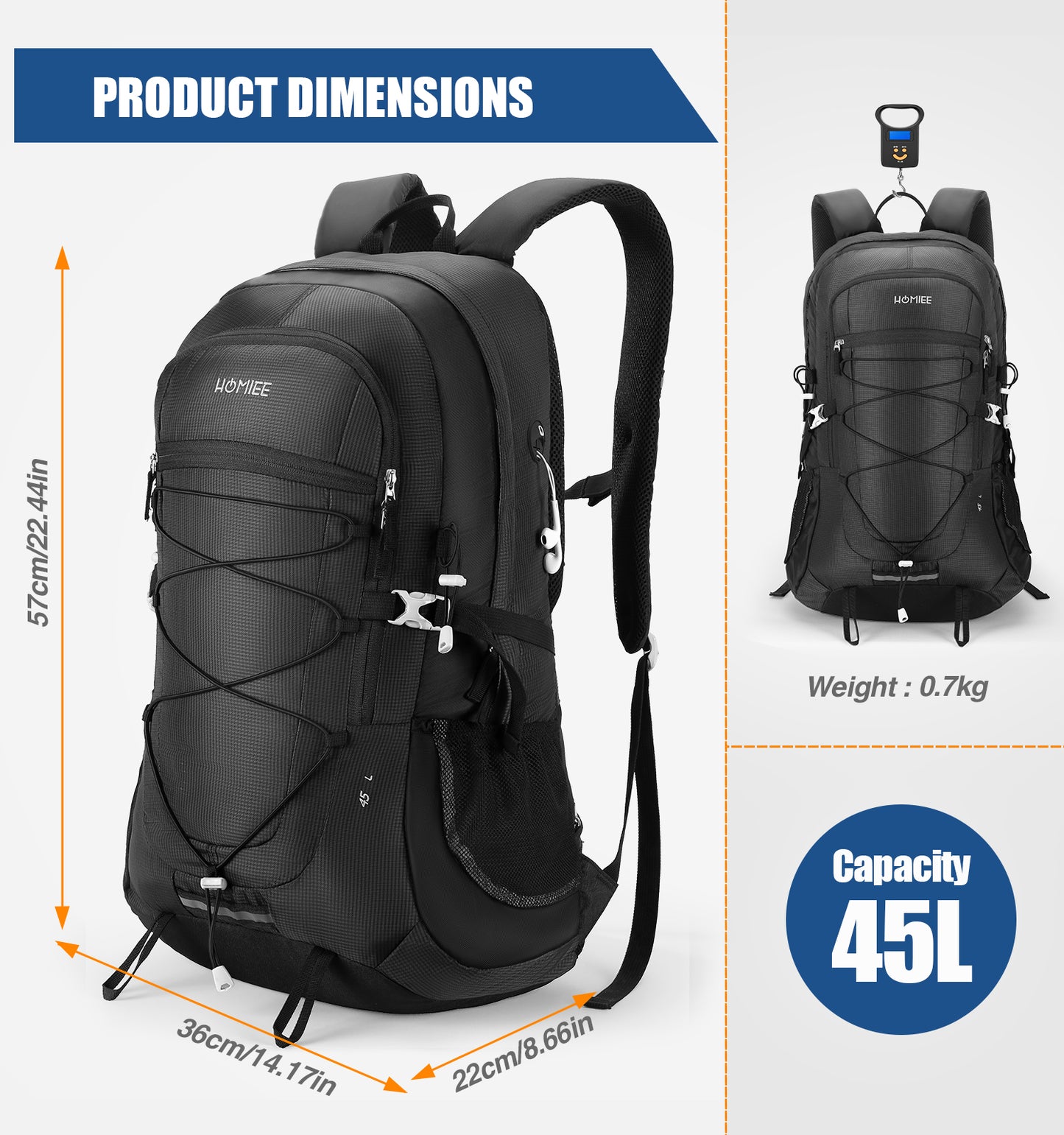 [HOMIEE] 登山リュックザック 45L 大容量 軽量